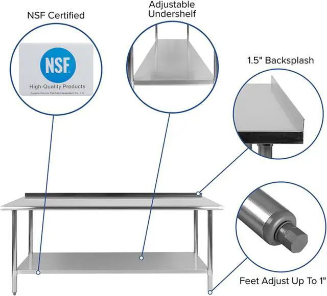 Alt view image 10 of 12 - Stainless Steel 18 Gauge Prep and Work Table with 1.5" Backsplash and Undershelf - NSF Certified - 72"W x 30"D x 36"H