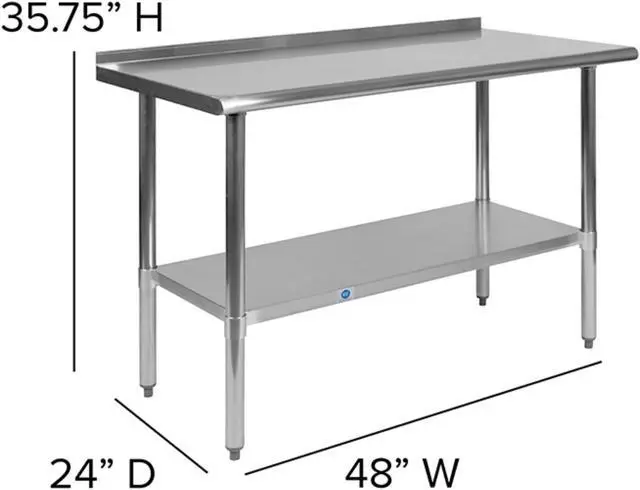 Alt view image 10 of 12 - Stainless Steel 18 Gauge Prep and Work Table with 1.5" Backsplash and Undershelf - NSF Certified - 48"W x 24"D x 36"H