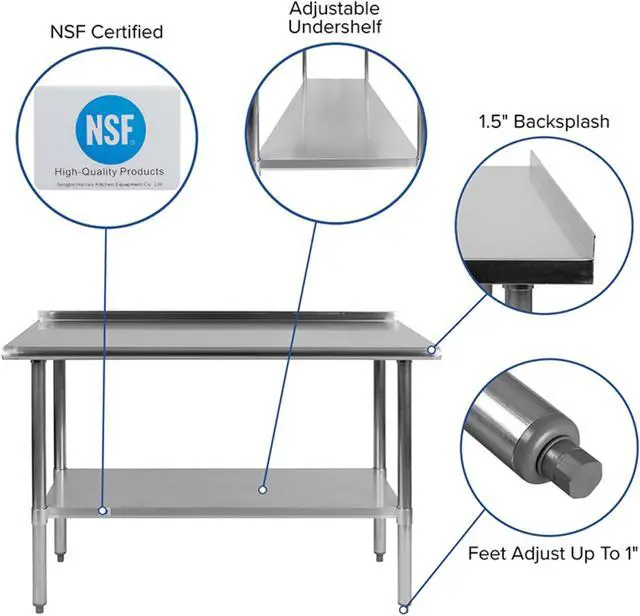 Alt view image 9 of 12 - Stainless Steel 18 Gauge Prep and Work Table with 1.5" Backsplash and Undershelf - NSF Certified - 48"W x 24"D x 36"H