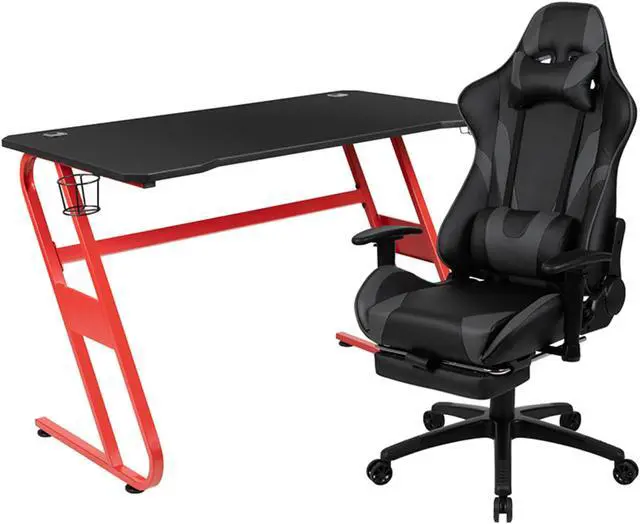 Alt view image 8 of 20 - Red Gaming Desk with Cup Holder/Headphone Hook & Gray Reclining Gaming Chair with Footrest