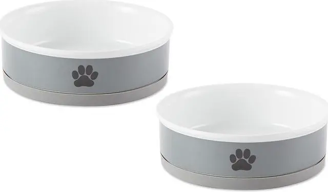Main image of DII Pet Bowl Black Paw Print Gray Large 7.5dx2.4h (Set of 2)