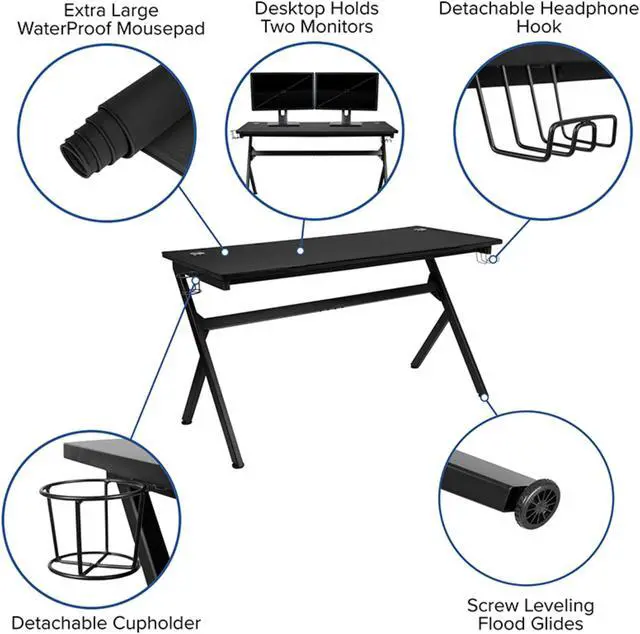 Alt view image 11 of 20 - Gaming Desk and Gray Footrest Reclining Gaming Chair Set - Cup Holder/Headphone Hook/Removable Mouse Pad Top/Wire Management