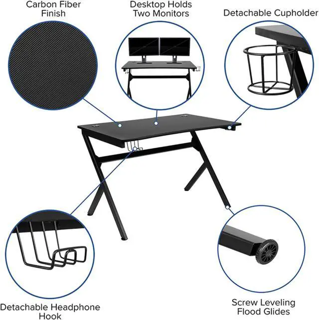 Alt view image 17 of 20 - Flash Furniture Rectangle Gaming Desk and Racing Chair Set with Detachable Cup Holder, Headphone Hook, 2 Wire Management Holes and Built-in Lumbar Support - Gray/Black