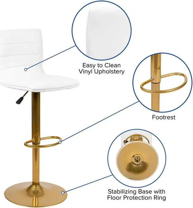Alt view image 11 of 20 - Modern White Vinyl Adjustable Bar Stool with Back, Counter Height Swivel Stool with Gold Pedestal Base, Set of 2