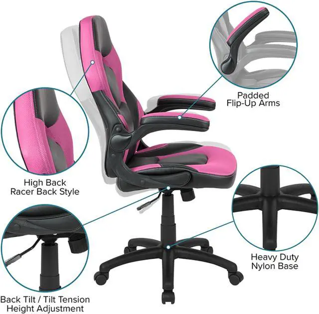 Alt view image 16 of 20 - Flash Furniture Contemporary Rectangle Red Gaming Desk and Pink/Black Racing Chair Set with Cup Holder, Headphone Hook and Built-in Lumbar Support