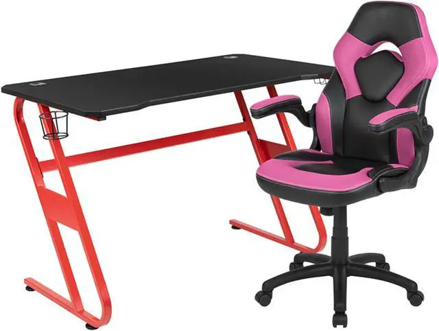 Alt view image 15 of 20 - Flash Furniture Contemporary Rectangle Red Gaming Desk and Pink/Black Racing Chair Set with Cup Holder, Headphone Hook and Built-in Lumbar Support
