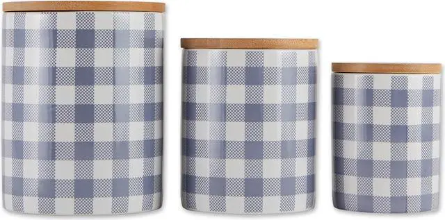 Main image of DII Stonewash Blue & White Buffalo Check Ceramic Canister (Set of 3)