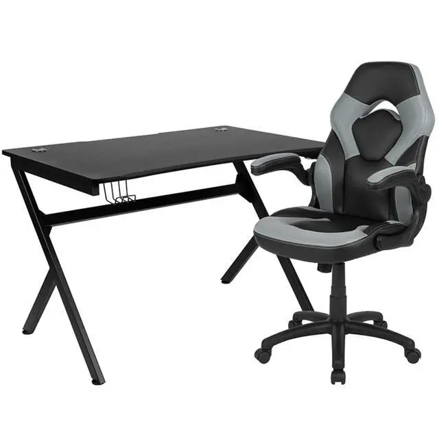 Alt view image 15 of 20 - Flash Furniture Rectangle Gaming Desk and Racing Chair Set with Detachable Cup Holder, Headphone Hook, 2 Wire Management Holes and Built-in Lumbar Support - Gray/Black