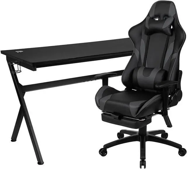 Alt view image 8 of 20 - Gaming Desk and Gray Footrest Reclining Gaming Chair Set - Cup Holder/Headphone Hook/Removable Mouse Pad Top/Wire Management
