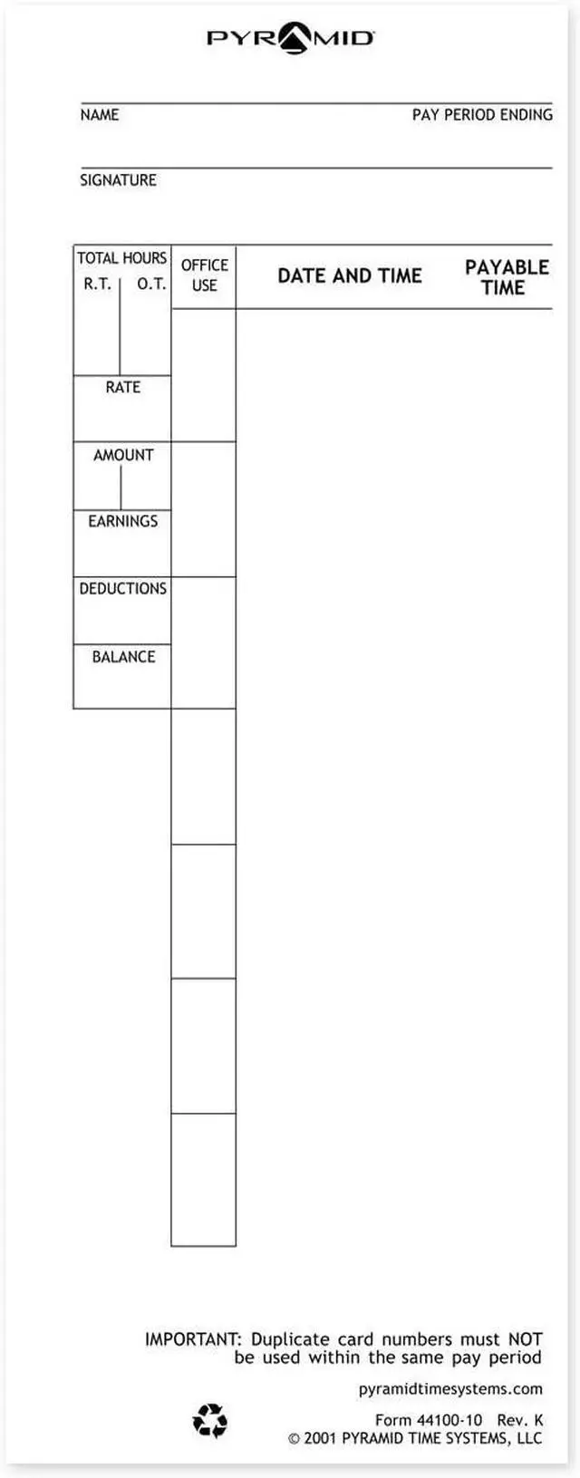 Alt view image 4 of 7 - Pyramid Time Systems Attendance Cards for Time Clock models 4000/4000PRO/4000HD/4000PRO/5000/5000HD, 1000 per pack   44100-10MB