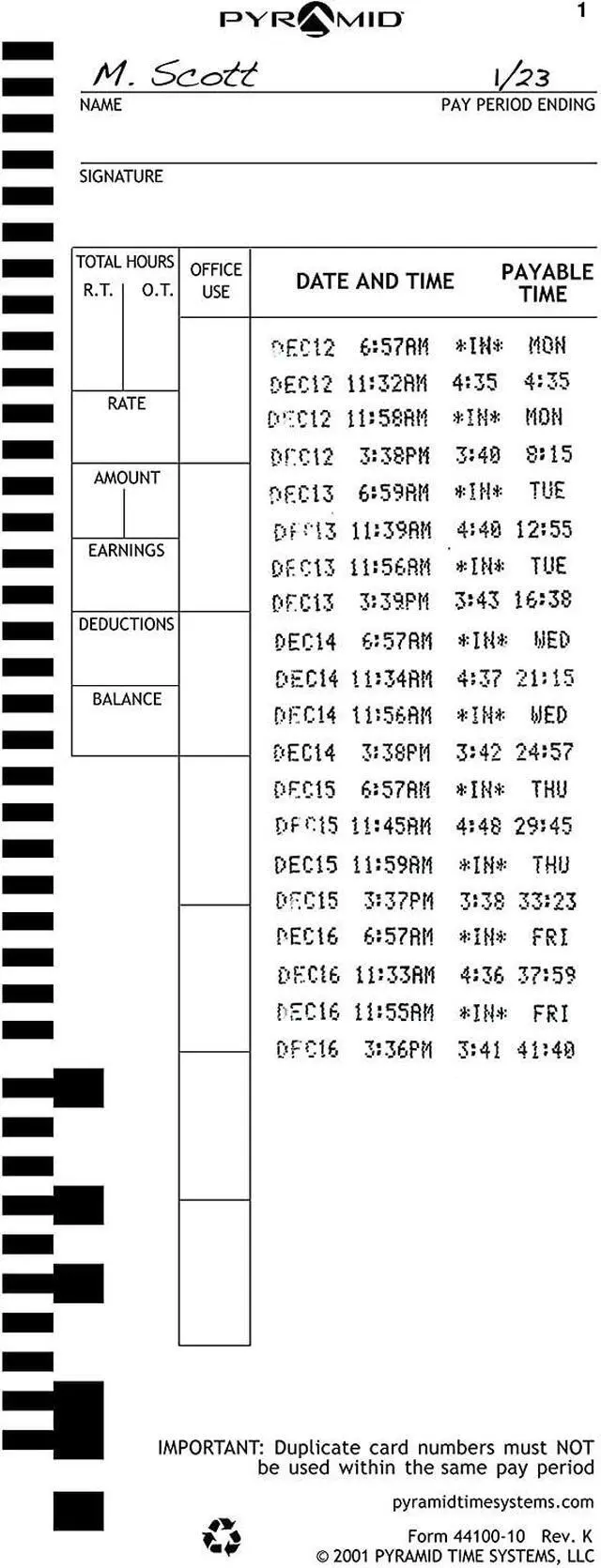 Alt view image 2 of 7 - Pyramid Time Systems Attendance Cards for Time Clock models 4000/4000PRO/4000HD/4000PRO/5000/5000HD, 1000 per pack   44100-10MB