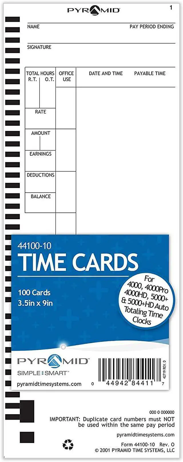 Alt view image 3 of 7 - Pyramid Time Systems Attendance Cards for Time Clock models 4000/4000PRO/4000HD/4000PRO/5000/5000HD, 1000 per pack   44100-10MB