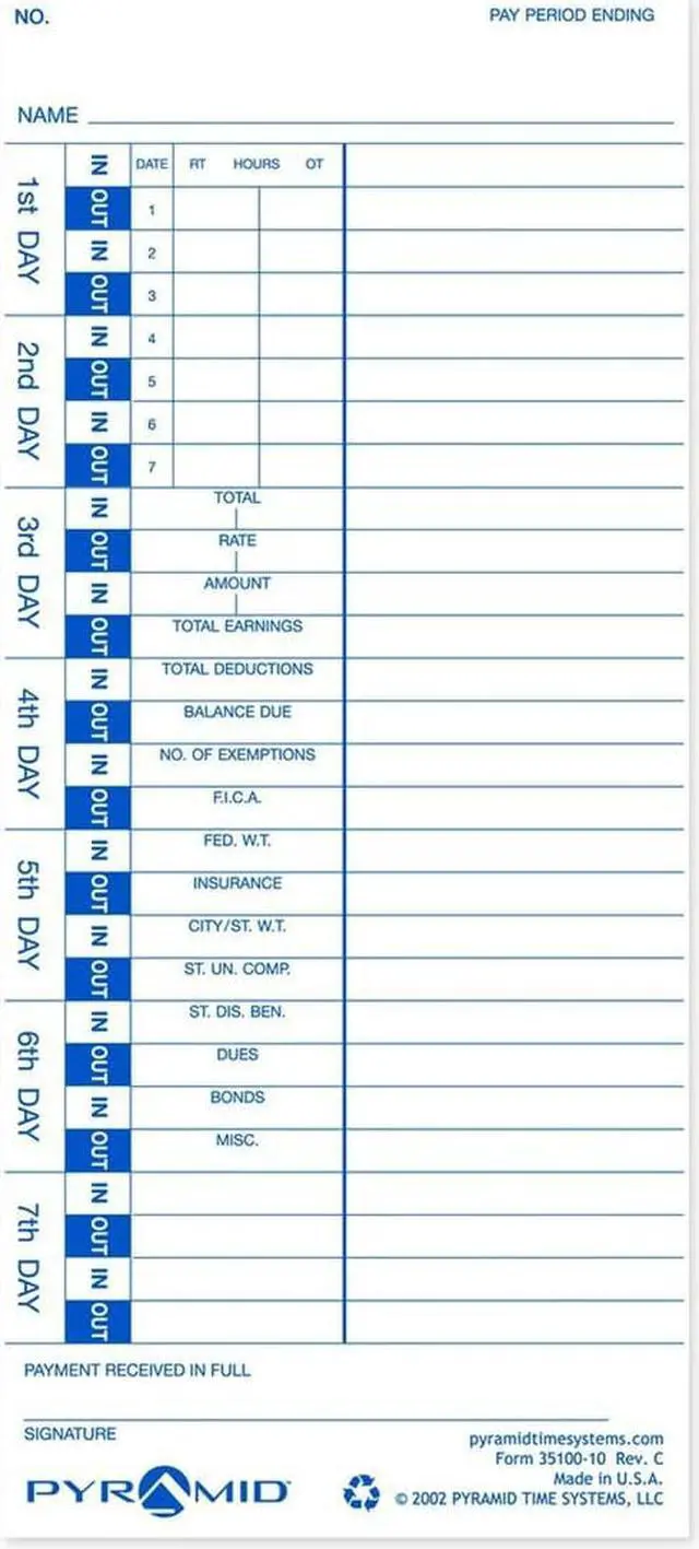 Alt view image 3 of 12 - Pyramid Time Systems Attendance Cards for Time Clock models 3500/3550SS/3600SS/3700, 1000 per pack