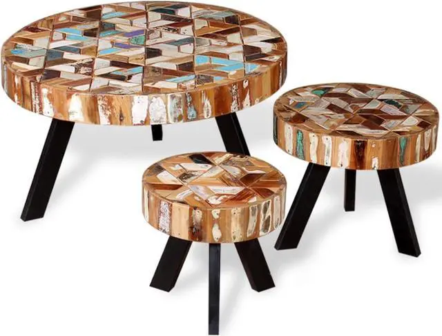 Alt view image 8 of 11 - vidaXL Coffee Table Set 3 Piece Round Side End Table Solid Wood Reclaimed