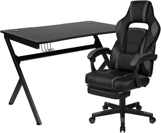 Alt view image 15 of 20 - Black Gaming Desk with Cup Holder/Headphone Hook/2 Wire Management Holes & Black Reclining Back/Arms Gaming Chair with Footrest