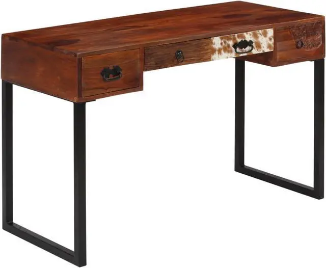 Alt view image 8 of 14 - vidaXL Solid Wood Sheesham Desk with Steel Legs Real Leather 46.1" Writing