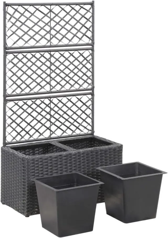 Alt view image 11 of 18 - vidaXL Trellis Raised Bed with 2 Pots Poly Rattan Black Planter Growing Box