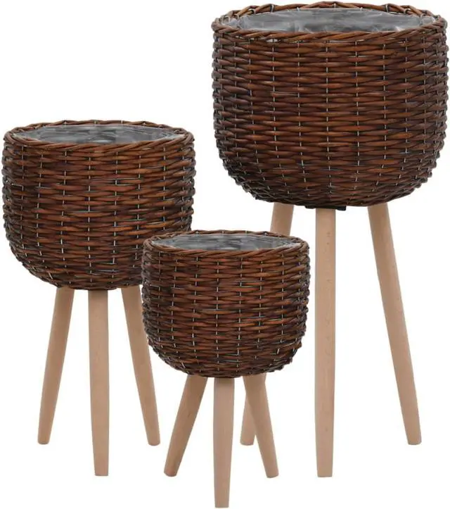 Alt view image 8 of 10 - vidaXL Planters Flower Boxes with PE Lining Wicker Plant Boxes 3 Pcs Solid Wood