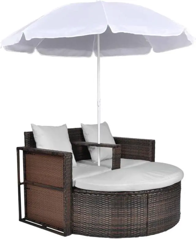 Alt view image 9 of 14 - vidaXL Patio Bed Outdoor Patio Wicker Daybed with Parasol Brown Poly Rattan