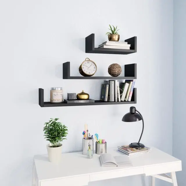 Alt view image 7 of 12 - vidaXL Wall Shelf Floating Display Shelf Rack 3 Pcs Black Engineered Wood