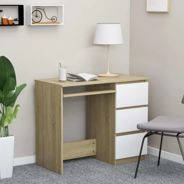 Alt view image 7 of 9 - vidaXL Desk Computer Desk Home Office Desk White and Sonoma Oak Engineered Wood