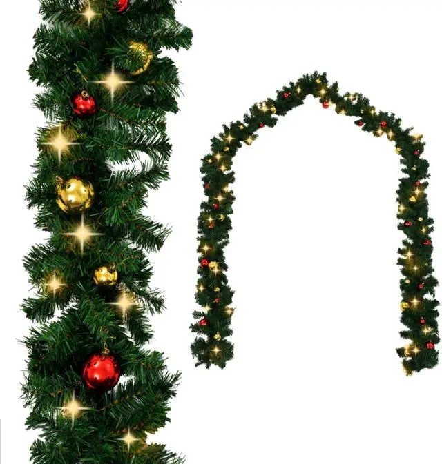 Alt view image 9 of 17 - vidaXL Christmas Garland Artificial Garland with Baubles and LED Lights Green