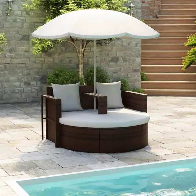 Alt view image 8 of 14 - vidaXL Patio Bed Outdoor Patio Wicker Daybed with Parasol Brown Poly Rattan