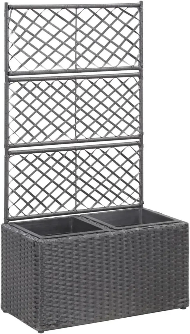 Alt view image 8 of 18 - vidaXL Trellis Raised Bed with 2 Pots Poly Rattan Black Planter Growing Box