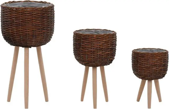 Alt view image 7 of 10 - vidaXL Planters Flower Boxes with PE Lining Wicker Plant Boxes 3 Pcs Solid Wood