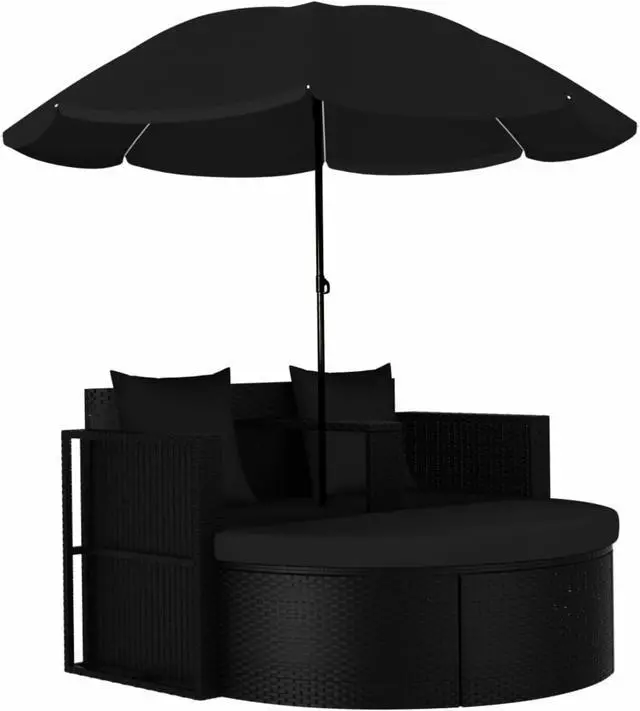Alt view image 6 of 16 - vidaXL Patio Bed Outdoor Patio Wicker Daybed with Parasol Poly Rattan Black