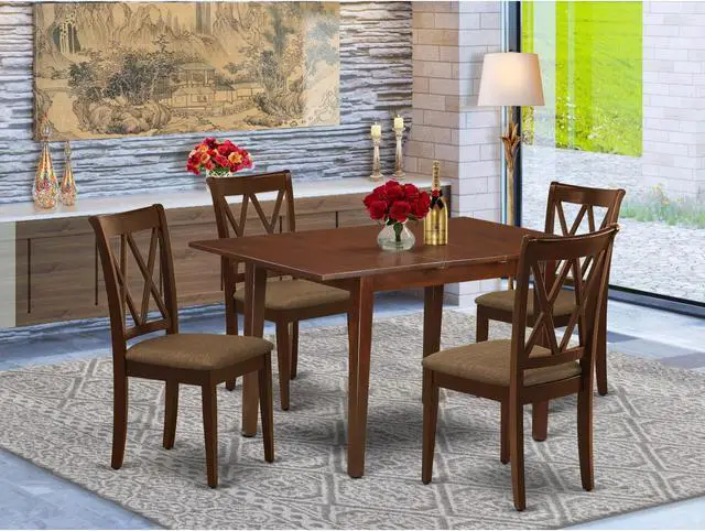 Alt view image 3 of 3 - NOCL5-MAH-C 5Pc Dining Set Includes a Rectangle Dinette Table with Butterfly Leaf and Four Double X Back Linen seat Kitchen Chairs, Mahogany Finish
