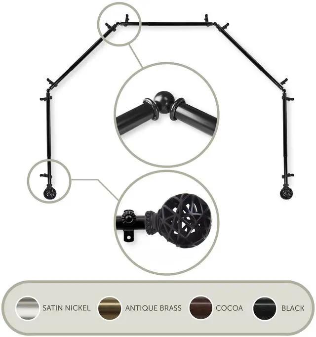 Main image of Ruston 13/16 inch 5-Sided Bay Window Curtain Rod 28-48" - Black