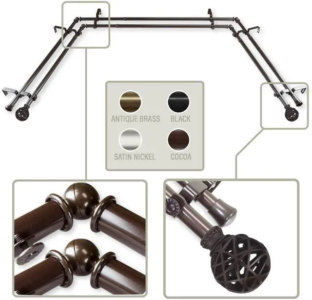 Main image of Ruston 13/16 inch Bay Window Double Curtain Rod 20-36", 38-72" - Cocoa