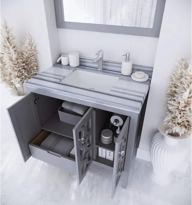 Alt view image 3 of 7 - Mediterraneo - 36 - Grey Cabinet + White Stripes Marble Countertop