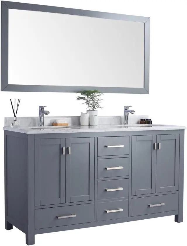 Alt view image 2 of 10 - Wilson 60 - Grey Cabinet + White Carrara Marble Countertop