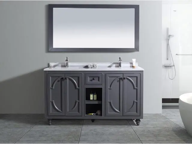 Main image of Odyssey - 60 - Maple Grey Cabinet + White Stripes Marble Countertop