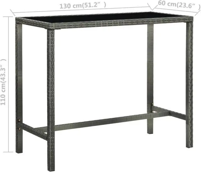 Alt view image 10 of 14 - vidaXL Patio Bar Table Gray 51.2"x23.6"x43.3" Poly Rattan and Glass