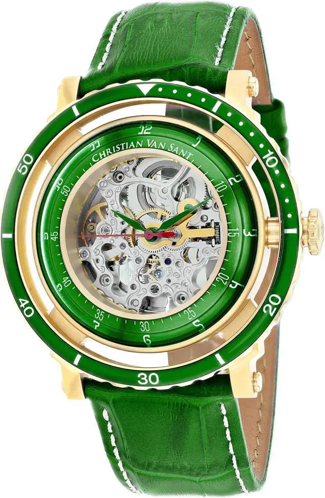 Alt view image 2 of 2 - Christian Van Sant Mens Dome Stainless Steel Automatic Watch with Leather Strap, Green, 21 (Model: CV0751)