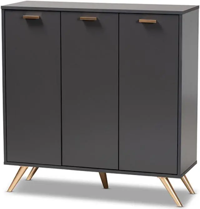 Main image of Baxton Studio Kelson Modern and Contemporary Dark Grey and Gold Finished Wood 3-Door Shoe Cabinet