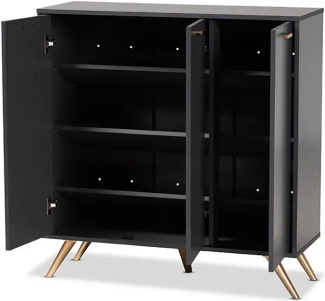 Alt view image 2 of 13 - Baxton Studio Kelson Modern and Contemporary Dark Grey and Gold Finished Wood 3-Door Shoe Cabinet