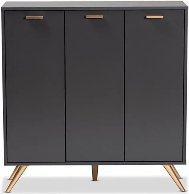 Alt view image 3 of 13 - Baxton Studio Kelson Modern and Contemporary Dark Grey and Gold Finished Wood 3-Door Shoe Cabinet