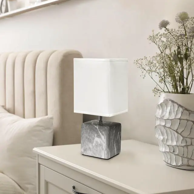 Alt view image 5 of 14 - Simple Designs Petite Marbled Ceramic Table Lamp with Fabric Shade, Black with White Shade