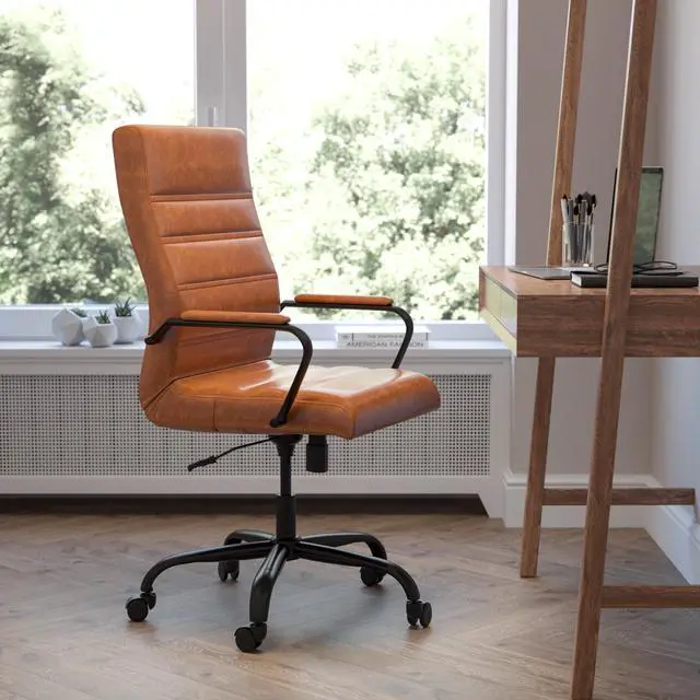 Alt view image 15 of 20 - High Back Brown LeatherSoft Executive Swivel Office Chair with Black Frame and Arms