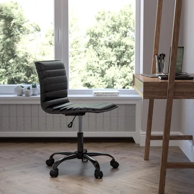 Alt view image 15 of 20 - Low Back Designer Armless Black Ribbed Swivel Task Office Chair with Black Frame and Base