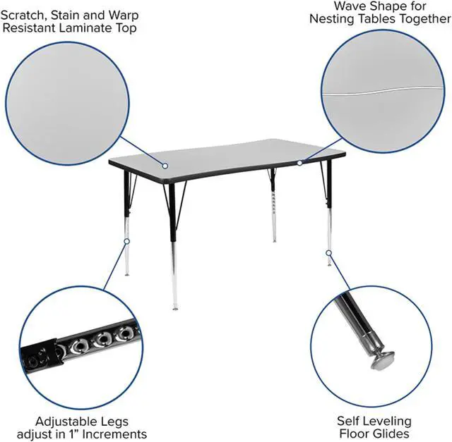 Alt view image 2 of 11 - 28"W x 47.5"L Rectangular Wave Flexible Collaborative Grey Thermal Laminate Activity Table - Standard Height Adjustable Legs
