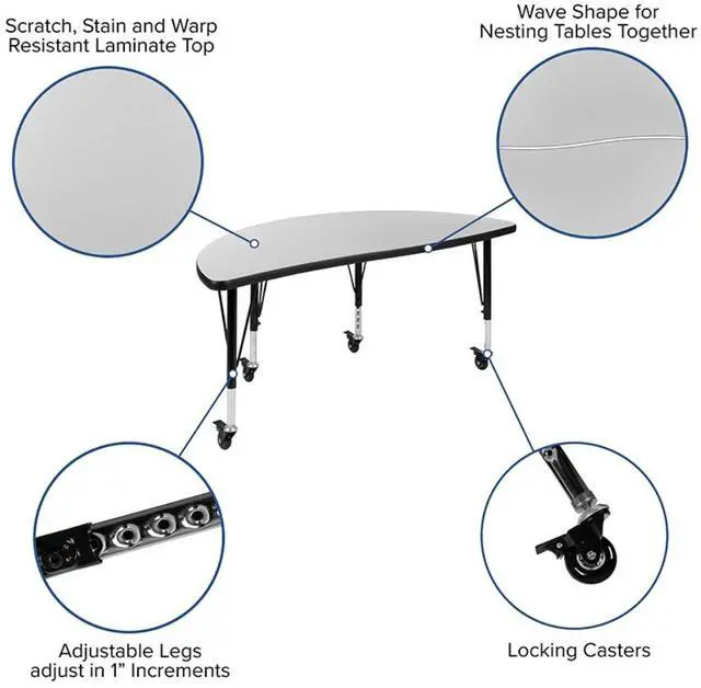 Alt view image 3 of 14 - Mobile 26"W x 60"L Rectangular Wave Flexible Collaborative Oak Laminate Activity Table - Height Adjustable Short Legs