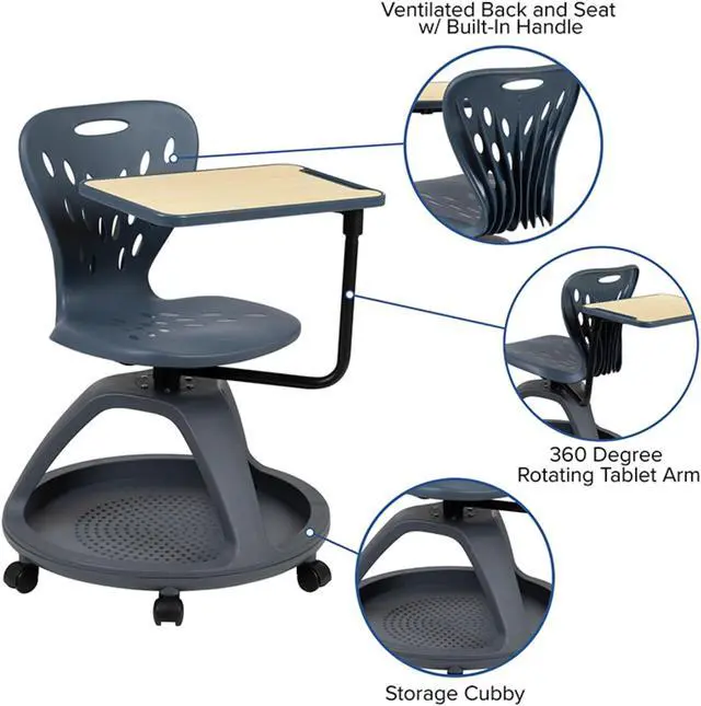 Alt view image 17 of 20 - Dark Gray Mobile Desk Chair with 360 Degree Tablet Rotation and Under Seat Storage Cubby