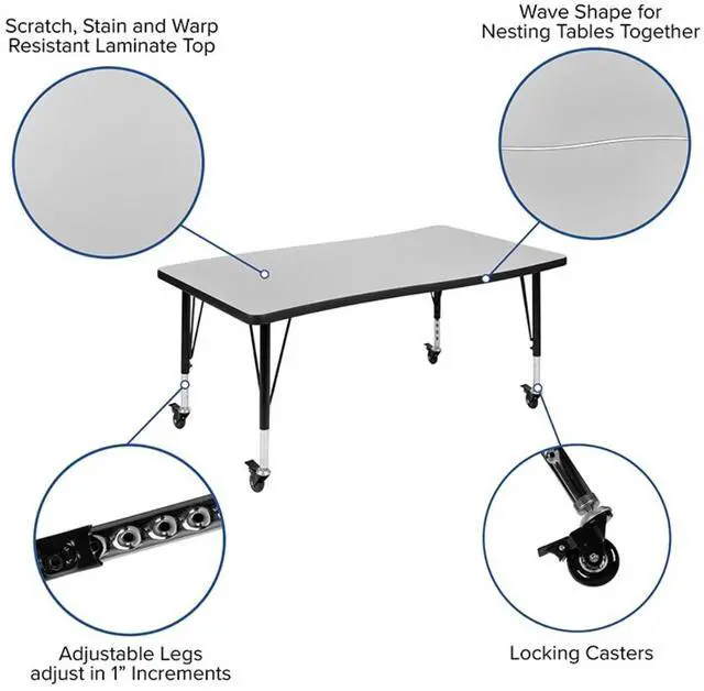 Alt view image 4 of 14 - Mobile 26"W x 60"L Rectangular Wave Flexible Collaborative Oak Laminate Activity Table - Height Adjustable Short Legs