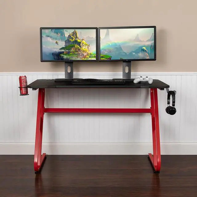 Main image of Red Gaming Ergonomic Desk with Cup Holder and Headphone Hook
