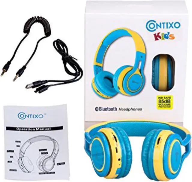Alt view image 16 of 17 - Contixo KB-2600 Kid Safe 85dB Over The Ear Foldable Wireless Bluetooth Headphone with Volume Limiter, Built-in Micro Phone, Micro SD Card Music Player, FM Stereo Radio, Blue+Yellow